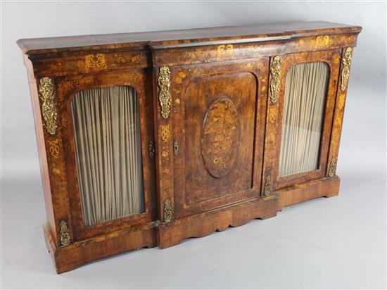 A 19th century French walnut and marquetry breakfront side cabinet, W.5ft 11in. D.1ft 2in. H.3ft 6in.